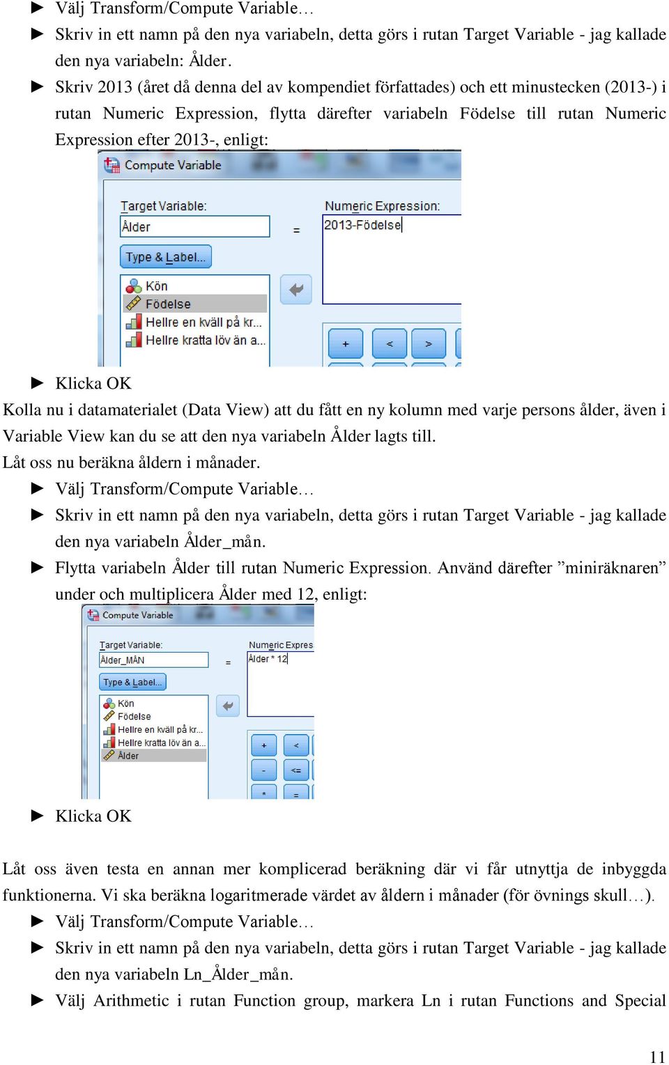 Klicka OK Kolla nu i datamaterialet (Data View) att du fått en ny kolumn med varje persons ålder, även i Variable View kan du se att den nya variabeln Ålder lagts till.