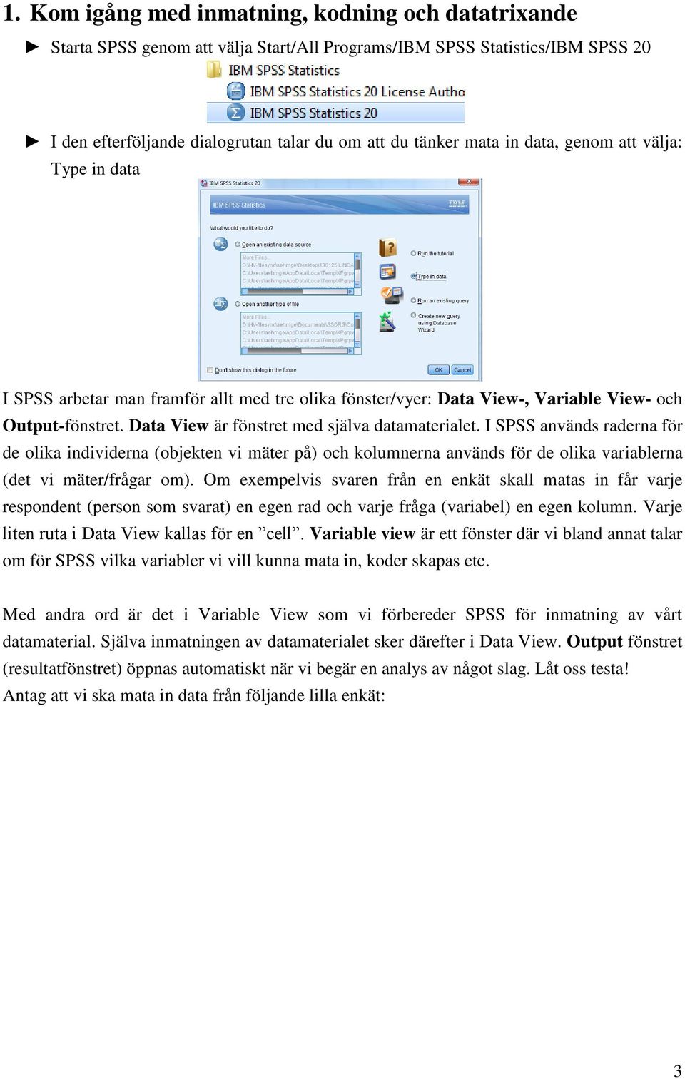 I SPSS används raderna för de olika individerna (objekten vi mäter på) och kolumnerna används för de olika variablerna (det vi mäter/frågar om).