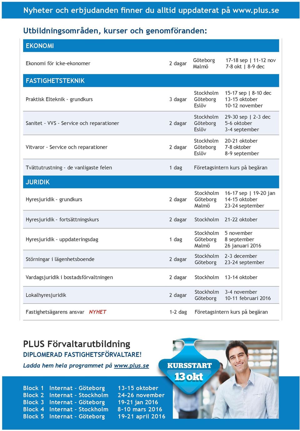 oktober 8-9 september Tvättutrustning de vanligaste felen Företagsintern kurs på begäran JURIDIK Hyresjuridik grundkurs 16-17 sep 19-20 jan 14-15 oktober 23-24 september Hyresjuridik