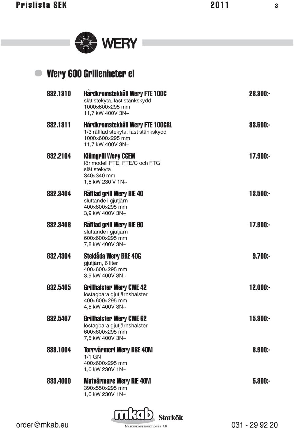 3404 Räfflad grill Wery BIE 40 13.500:- sluttande i gjutjärn 3,9 kw 400V 3N~ 832.3406 Räfflad grill Wery BIE 60 17.900:- sluttande i gjutjärn 7,8 kw 400V 3N~ 832.4304 Steklåda Wery BRE 40G 9.