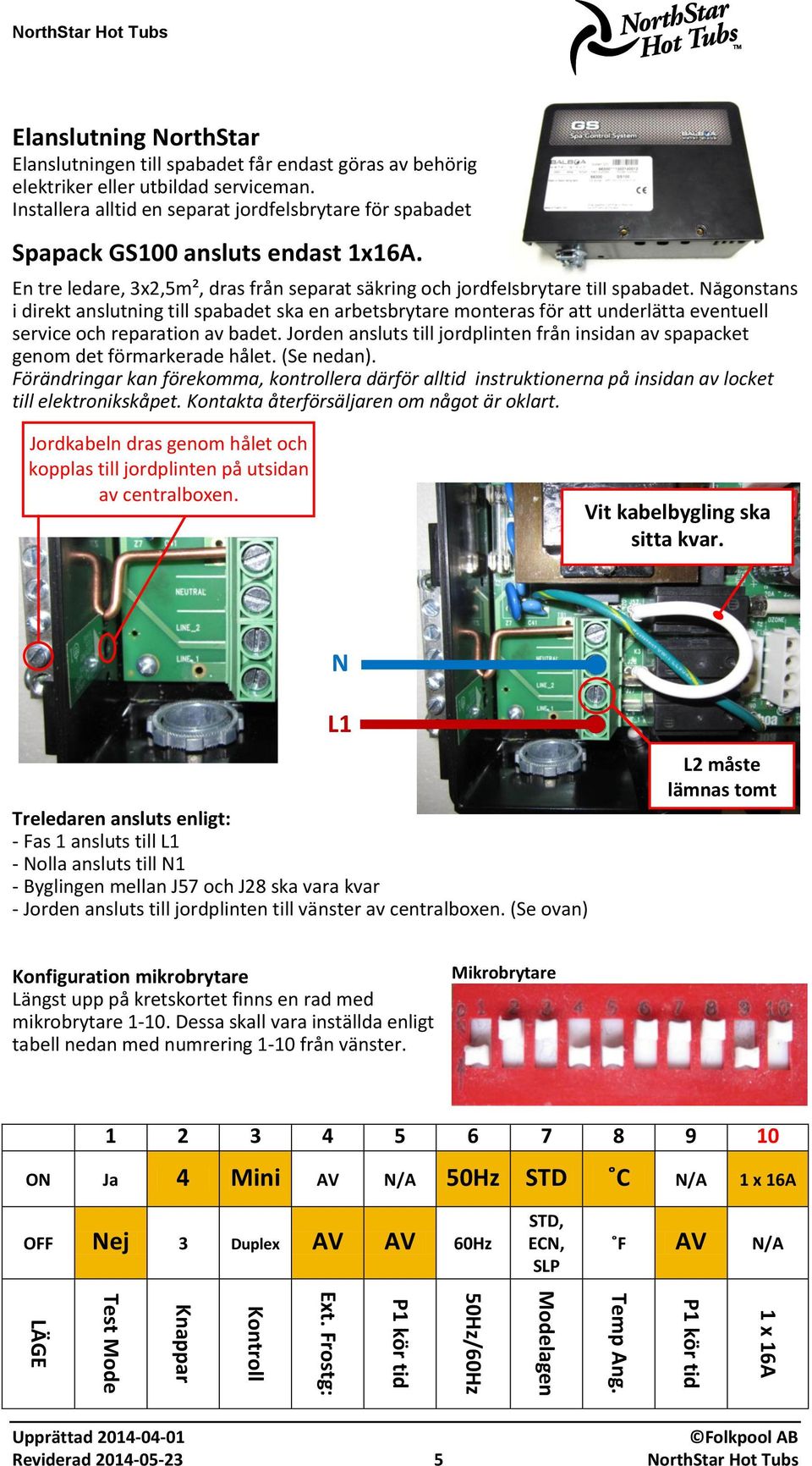 Installera alltid en separat jordfelsbrytare för spabadet Spapack GS100 ansluts endast 1x16A. En tre ledare, 3x2,5m², dras från separat säkring och jordfelsbrytare till spabadet.