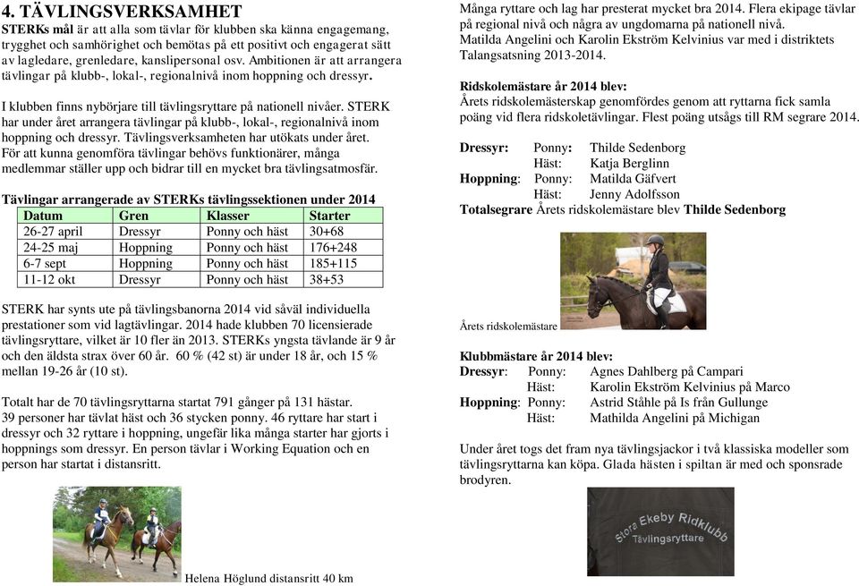 STERK har under året arrangera tävlingar på klubb-, lokal-, regionalnivå inom hoppning och dressyr. Tävlingsverksamheten har utökats under året.