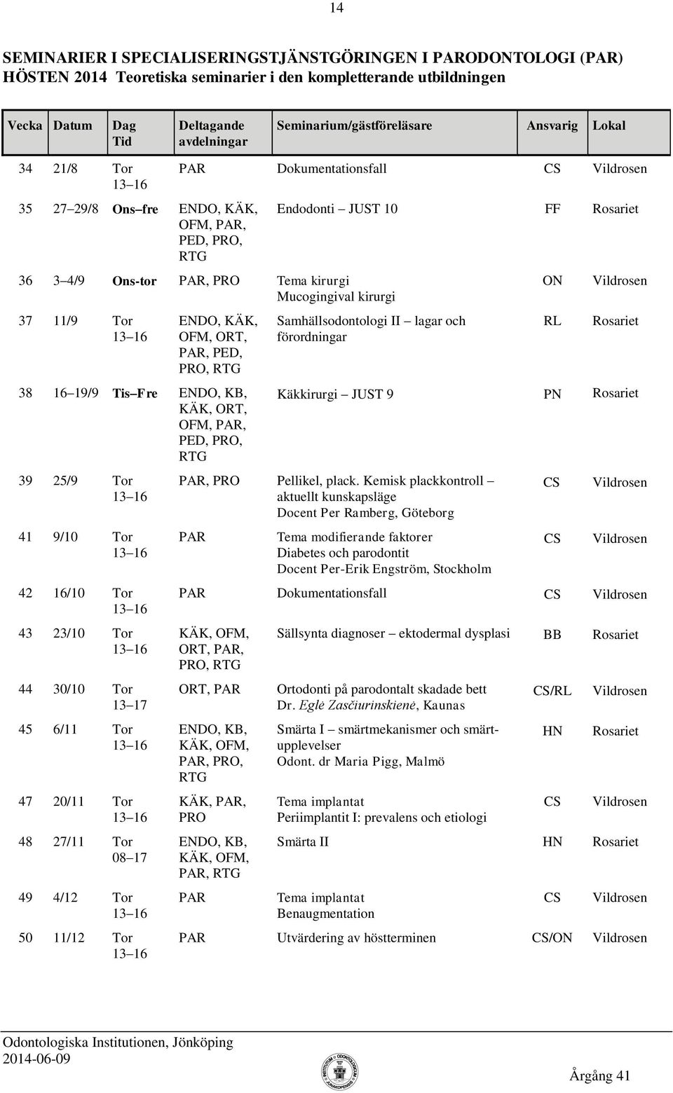 49 4/12 Tor Endodonti JUST 10 FF Samhällsodontologi II lagar och förordningar ON RL Käkkirurgi JUST 9 PN PAR, Pellikel, plack.