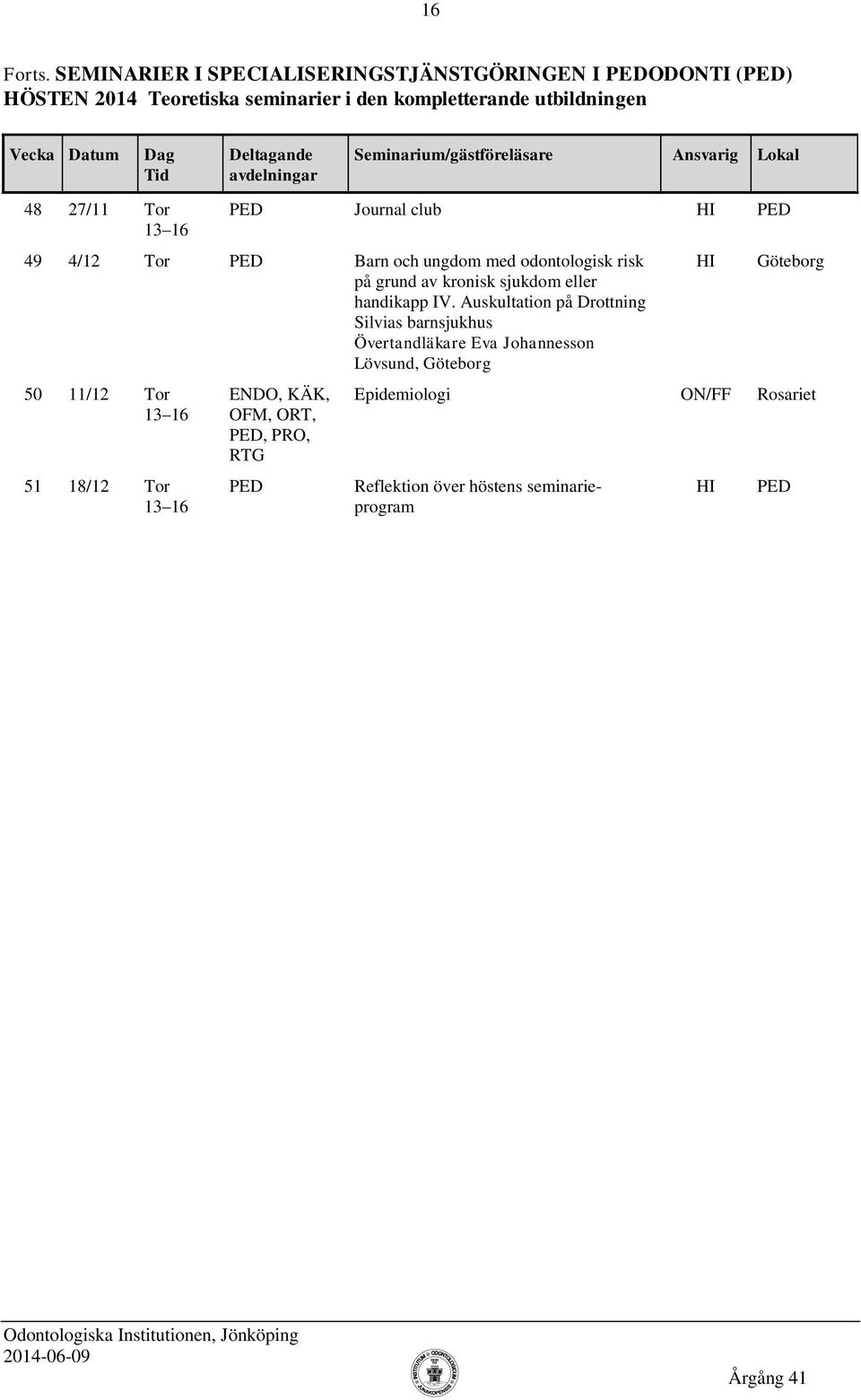 utbildningen 48 27/11 Tor Journal club HI 49 4/12 Tor Barn och ungdom med odontologisk risk på grund av