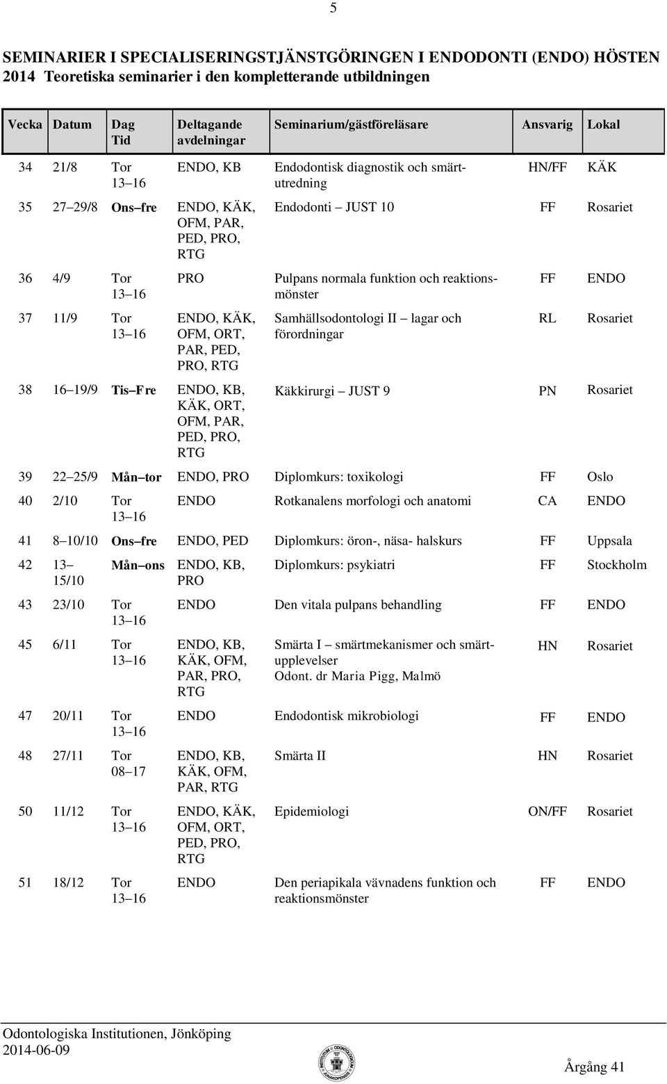 FF RL ENDO Käkkirurgi JUST 9 PN 39 22 25/9 Mån tor ENDO, Diplomkurs: toxikologi FF Oslo 40 2/10 Tor ENDO Rotkanalens morfologi och anatomi CA ENDO 41 8 10/10 Ons fre ENDO, Diplomkurs: öron-, näsa-