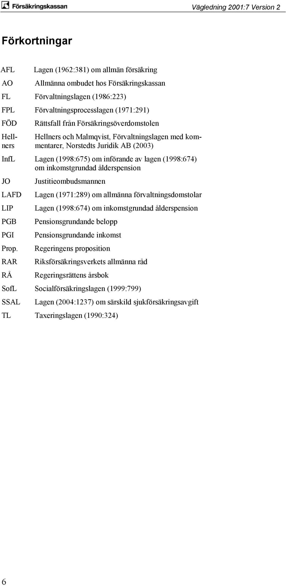 ålderspension JO Justitieombudsmannen LAFD Lagen (1971:289) om allmänna förvaltningsdomstolar LIP Lagen (1998:674) om inkomstgrundad ålderspension PGB Pensionsgrundande belopp PGI Pensionsgrundande