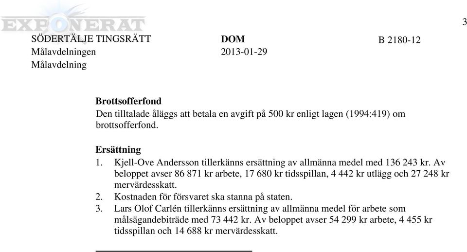 Av beloppet avser 86 871 kr arbete, 17 680 kr tidsspillan, 4 442 kr utlägg och 27 248 kr mervärdesskatt.