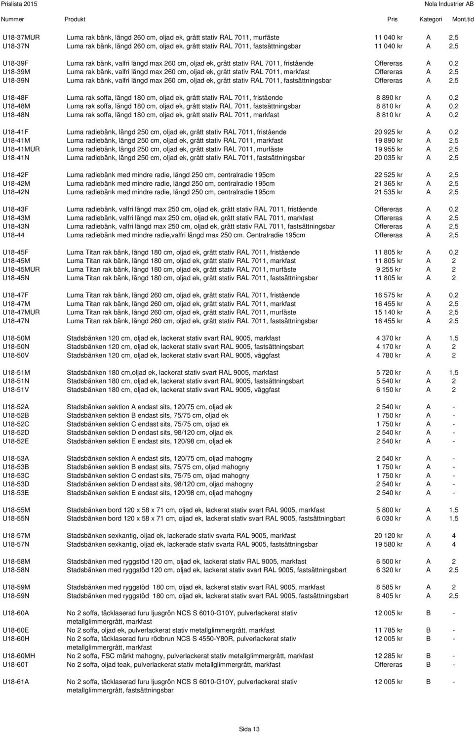 Offereras A 2,5 U18-39N Luma rak bänk, valfri längd max 260 cm, oljad ek, grått stativ RAL 7011, fastsättningsbar Offereras A 2,5 U18-48F Luma rak soffa, längd 180 cm, oljad ek, grått stativ RAL