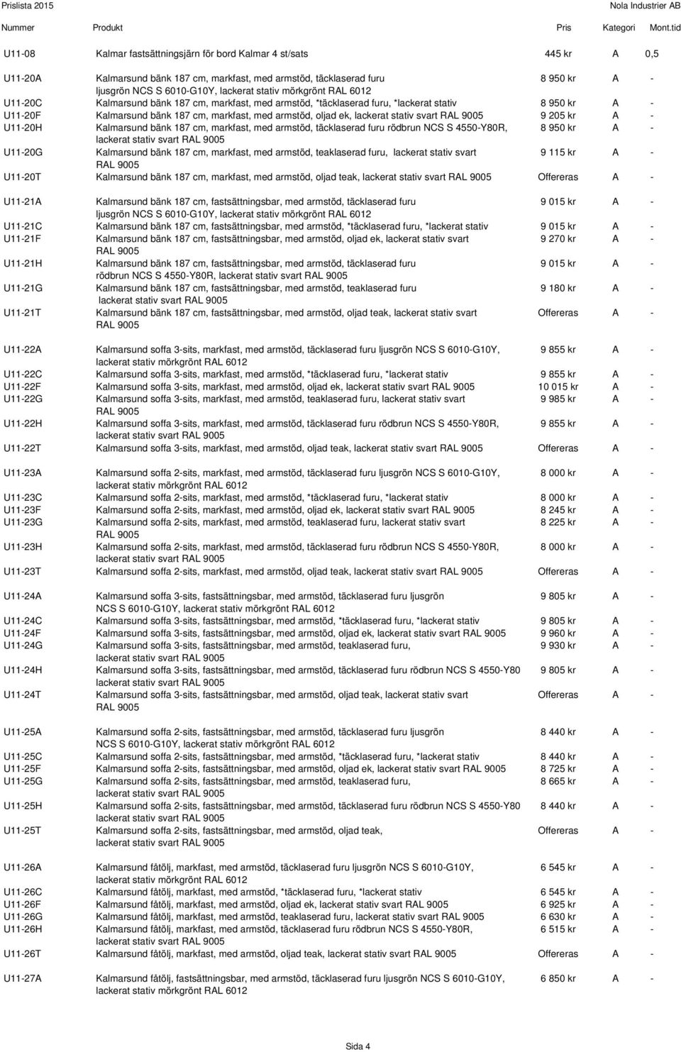 stativ svart RAL 9005 9 205 kr A - U11-20H Kalmarsund bänk 187 cm, markfast, med armstöd, täcklaserad furu rödbrun NCS S 4550-Y80R, 8 950 kr A - lackerat stativ svart RAL 9005 U11-20G Kalmarsund bänk