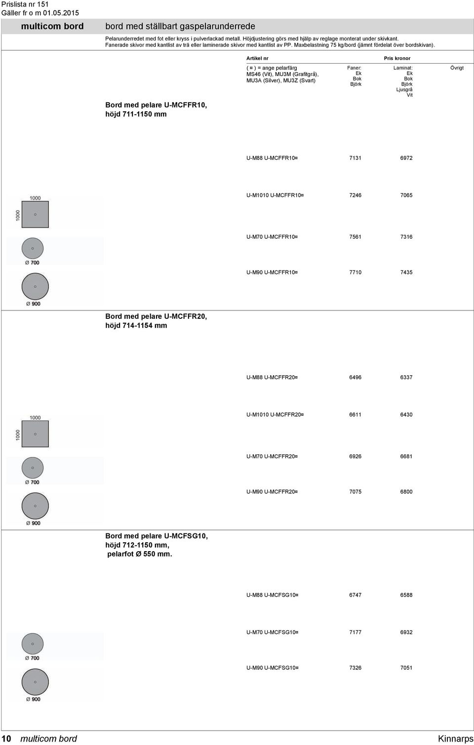 Bord med pelare U-MCFFR10, höjd 711-1150 mm ( ) = ange pelarfärg MS46 (Vit), MU3M (Grafitgrå), MU3A (Silver), MU3Z (Svart) : Ek Laminat: Ek Ljusgrå Vit Övrigt U-M88 U-MCFFR10 7131 6972 U-M1010