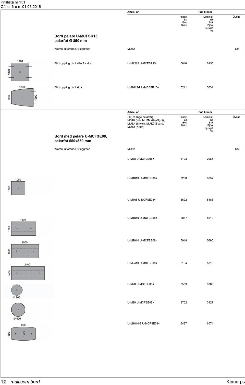 UM1612-9 U-MCFSR15 5241 5034 Bord med pelare U-MCFSE08, pelarfot 550x550 mm ( ) = ange pelarfärg MS46 (Vit), MU3M (Grafitgrå), MU3A (Silver), MU3Z (Svart), MU52 (Krom) : Ek