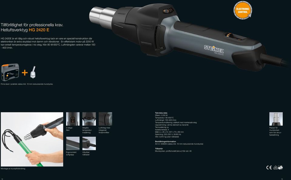 En effektstark motor på 2200 W kan enkelt temperaturregleras i nio steg, från 80 till 650 C. Luftmängden varierar mellan 150-400 l/min. Finns även i praktisk väska inkl. 10 mm reducerande munstycke.