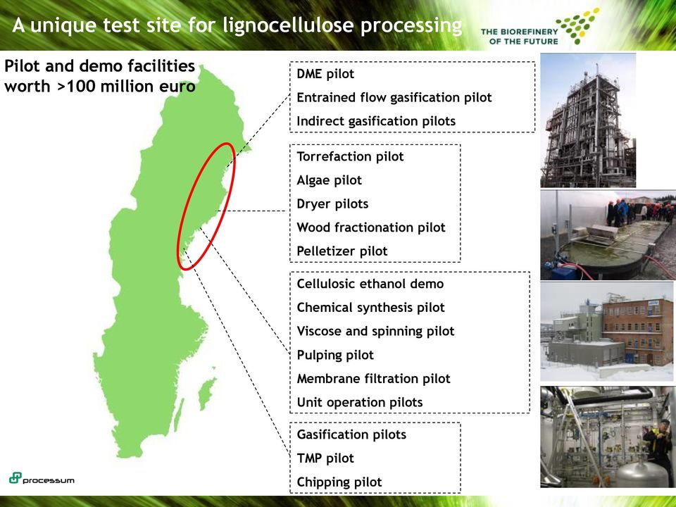 Wood fractionation pilot Pelletizer pilot Cellulosic ethanol demo Chemical synthesis pilot Viscose and