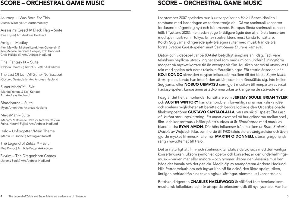 The Last Of Us All Gone (No Escape) (Gustavo Santaolalla) Arr: Andreas Hedlund Super Mario Svit (Mahito Yokota & Koji Kondo) Arr: Andreas Hedlund Bloodborne Suite (Ryan Amon) Arr: Andreas Hedlund