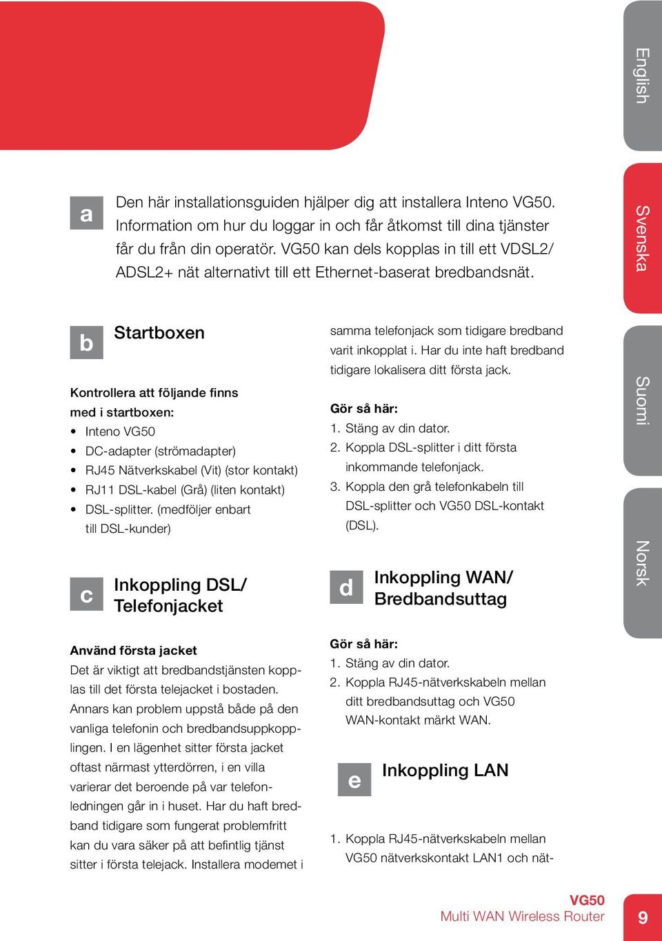 kan dels kopplas in till ett VDSL2/ ADSL2+ nät alternativt till ett Ethernet-baserat bredbandsnät. Inkoppling DSL/ Telefonjacket samma telefonjack som tidigare bredband varit inkopplat i.