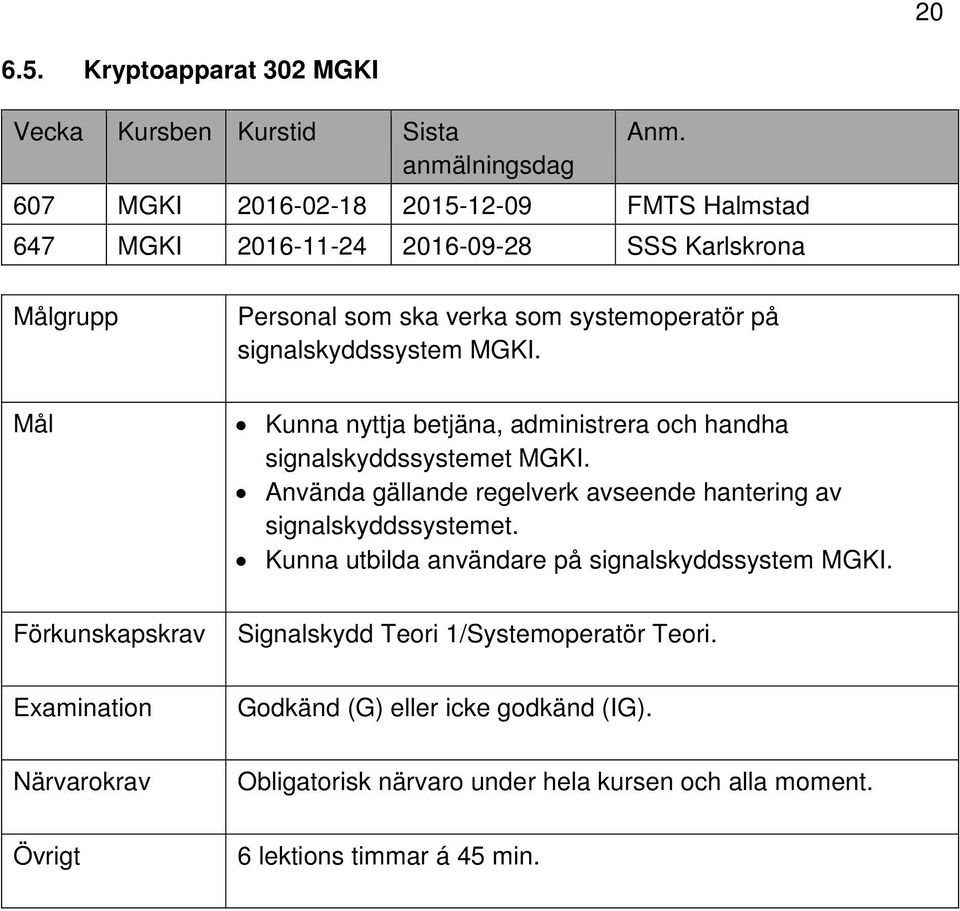 ska verka som systemoperatör på signalskyddssystem MGKI. Kunna nyttja betjäna, administrera och handha signalskyddssystemet MGKI.