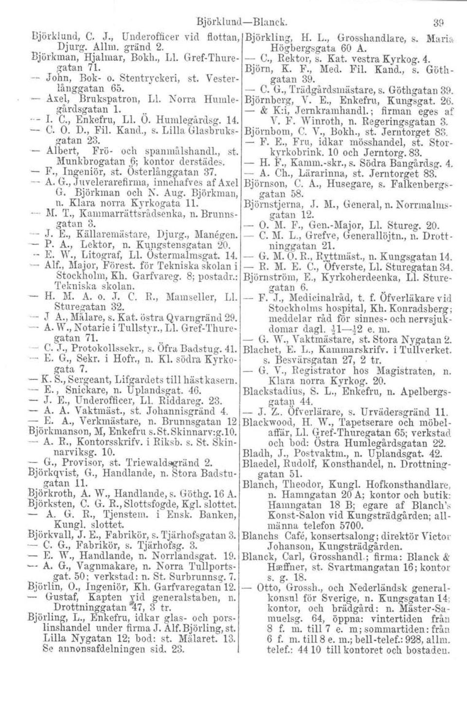 Axel, Brukspatron, Ll. Norra Humle Björnberg. V. E., Enkefru, Kungsgat. 26. gårdsgatan 1... & K:i, J ernkramhandl.; firman eges af. I. C., Enkefru, Ll. O. Humlegårdsg. 14. V. F. Winroth, n.