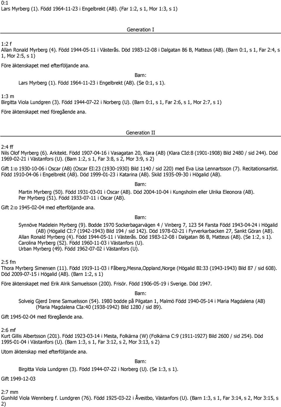 1:3 m Birgitta Viola Lundgren (3). Född 1944-07-22 i Norberg (U). (Barn 0:1, s 1, Far 2:6, s 1, Mor 2:7, s 1) Före äktenskapet med föregående ana. Generation II 2:4 ff Nils Olof Myrberg (6). Arkitekt.