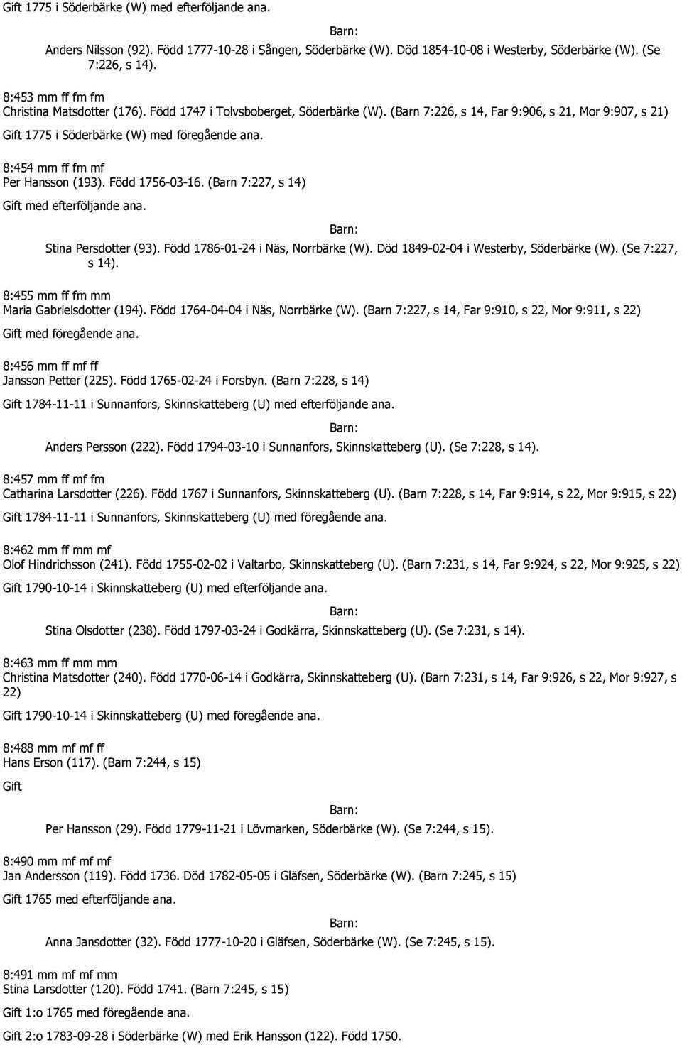 8:454 mm ff fm mf Per Hansson (193). Född 1756-03-16. (Barn 7:227, s 14) Stina Persdotter (93). Född 1786-01-24 i Näs, Norrbärke (W). Död 1849-02-04 i Westerby, Söderbärke (W). (Se 7:227, s 14).