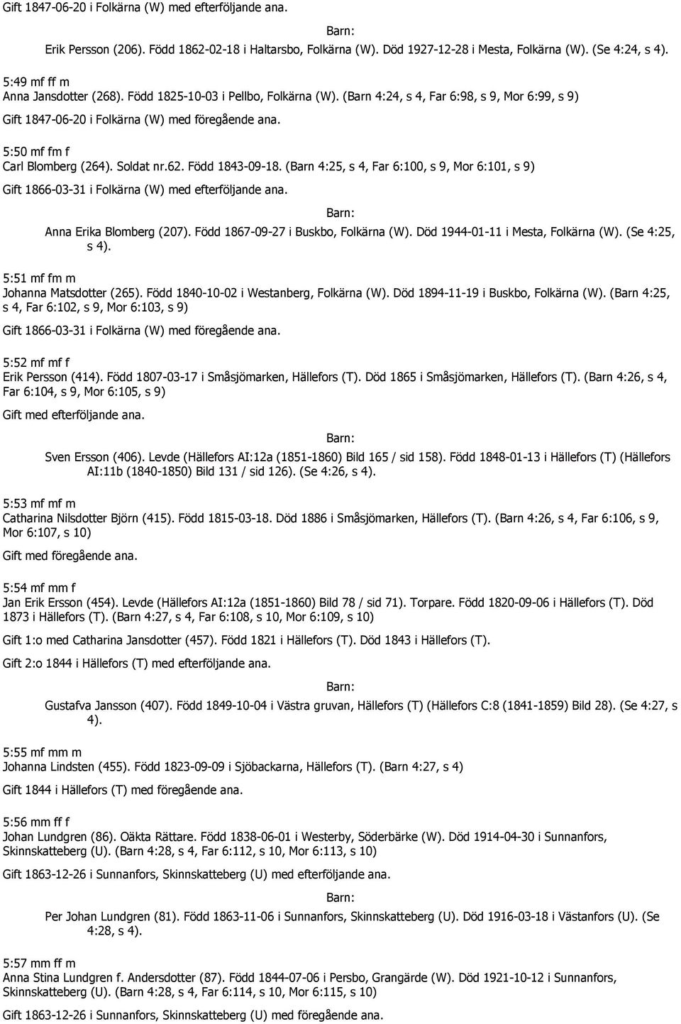 5:50 mf fm f Carl Blomberg (264). Soldat nr.62. Född 1843-09-18. (Barn 4:25, s 4, Far 6:100, s 9, Mor 6:101, s 9) 1866-03-31 i Folkärna (W) med efterföljande ana. Anna Erika Blomberg (207).