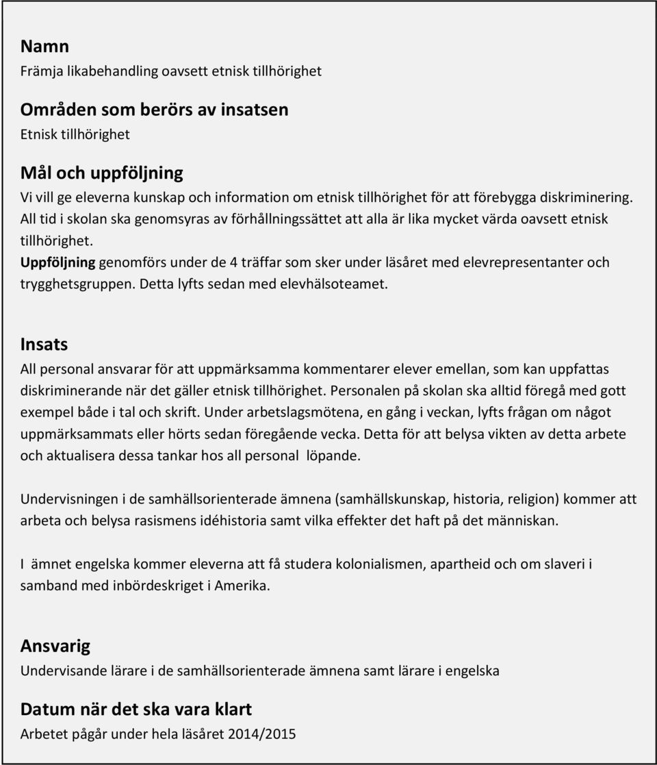 Uppföljning genomförs under de 4 träffar som sker under läsåret med elevrepresentanter och trygghetsgruppen. Detta lyfts sedan med elevhälsoteamet.