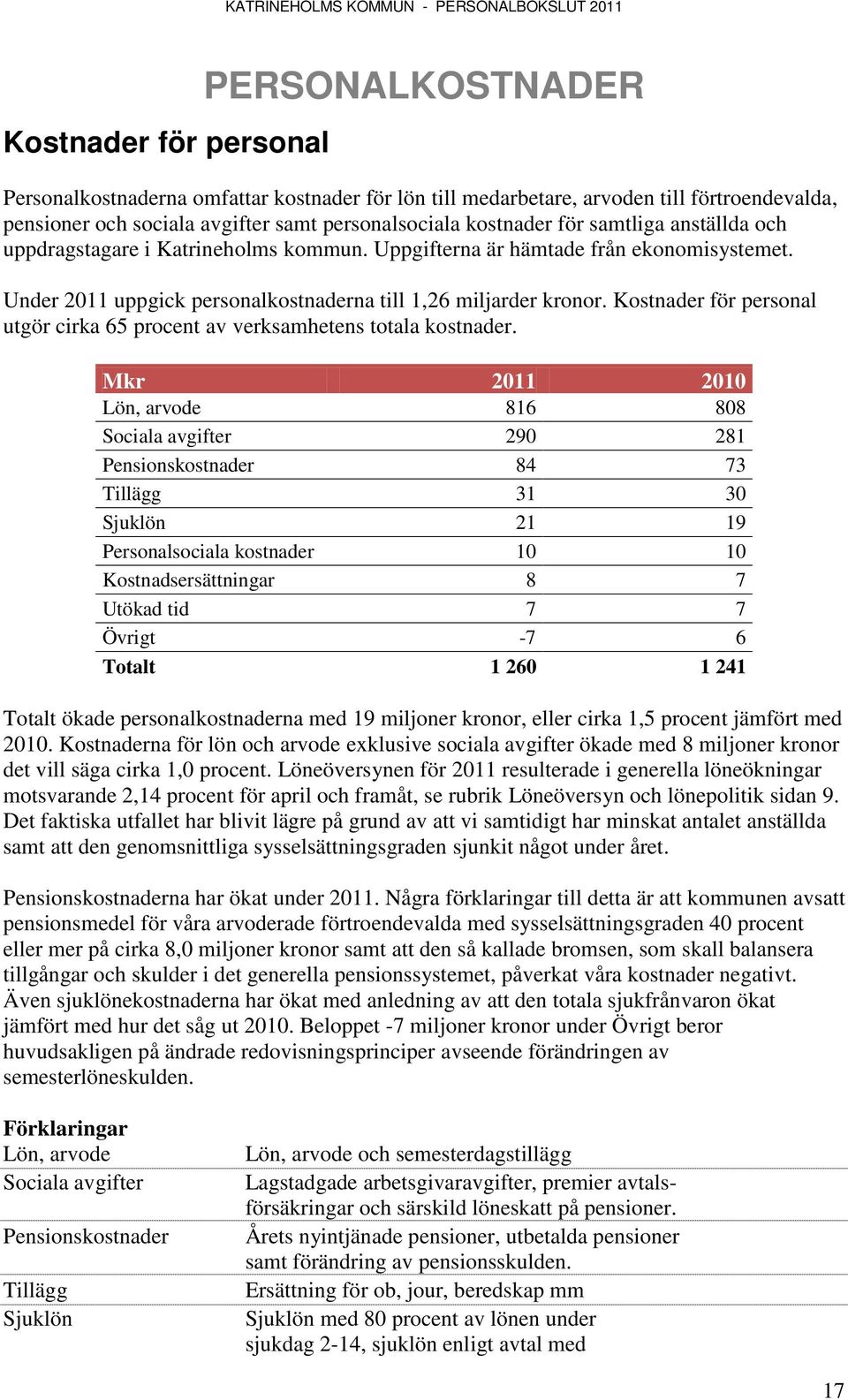 Kostnader för personal utgör cirka 65 procent av verksamhetens totala kostnader.