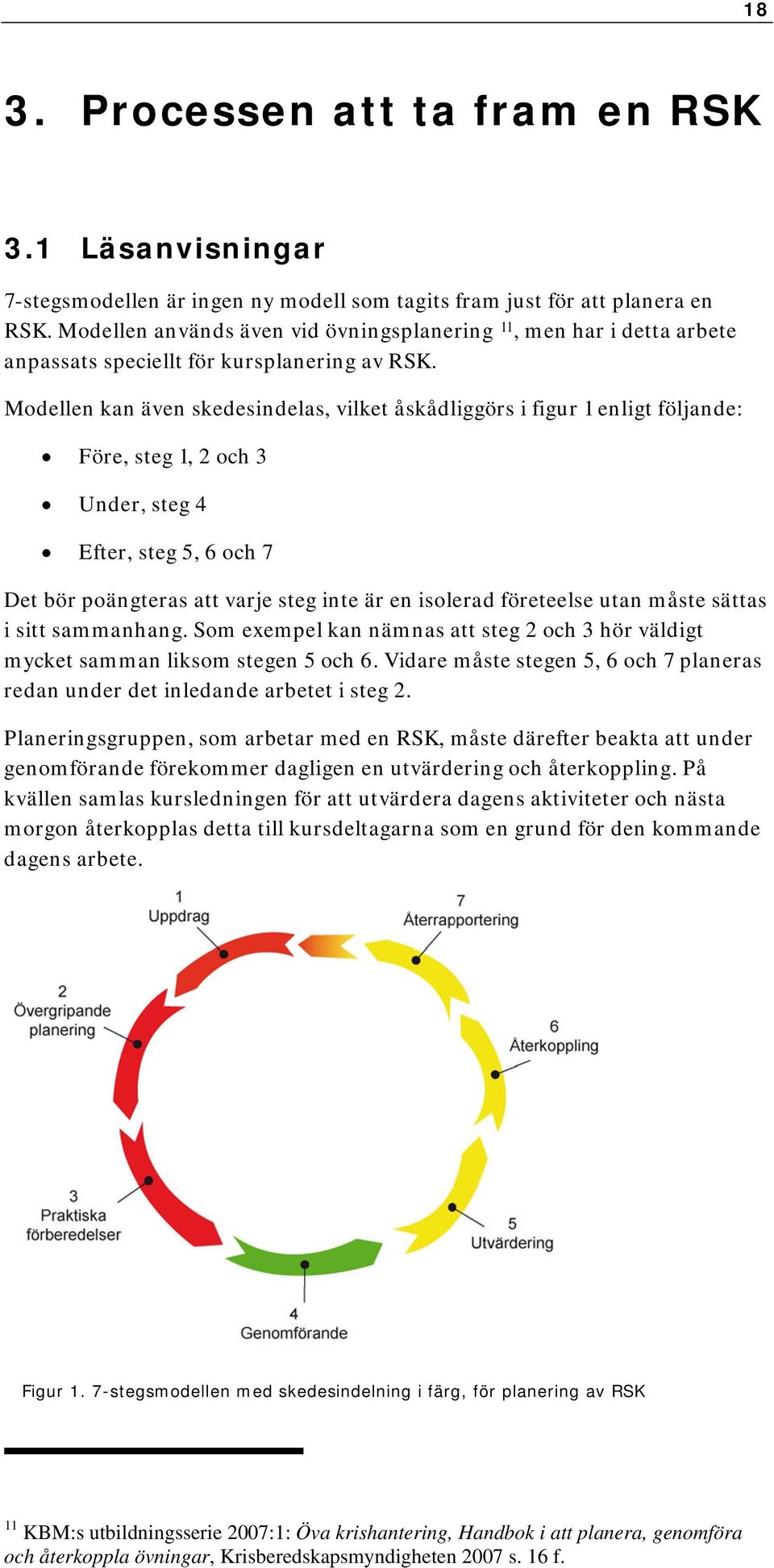 Modellen kan även skedesindelas, vilket åskådliggörs i figur 1 enligt följande: Före, steg 1, 2 och 3 Under, steg 4 Efter, steg 5, 6 och 7 Det bör poängteras att varje steg inte är en isolerad