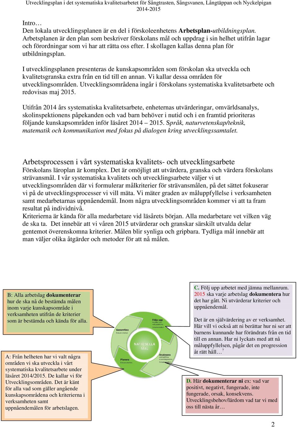 I utvecklingsplanen presenteras de kunskapsområden som förskolan ska utveckla och kvalitetsgranska extra från en tid till en annan. Vi kallar dessa områden för utvecklingsområden.