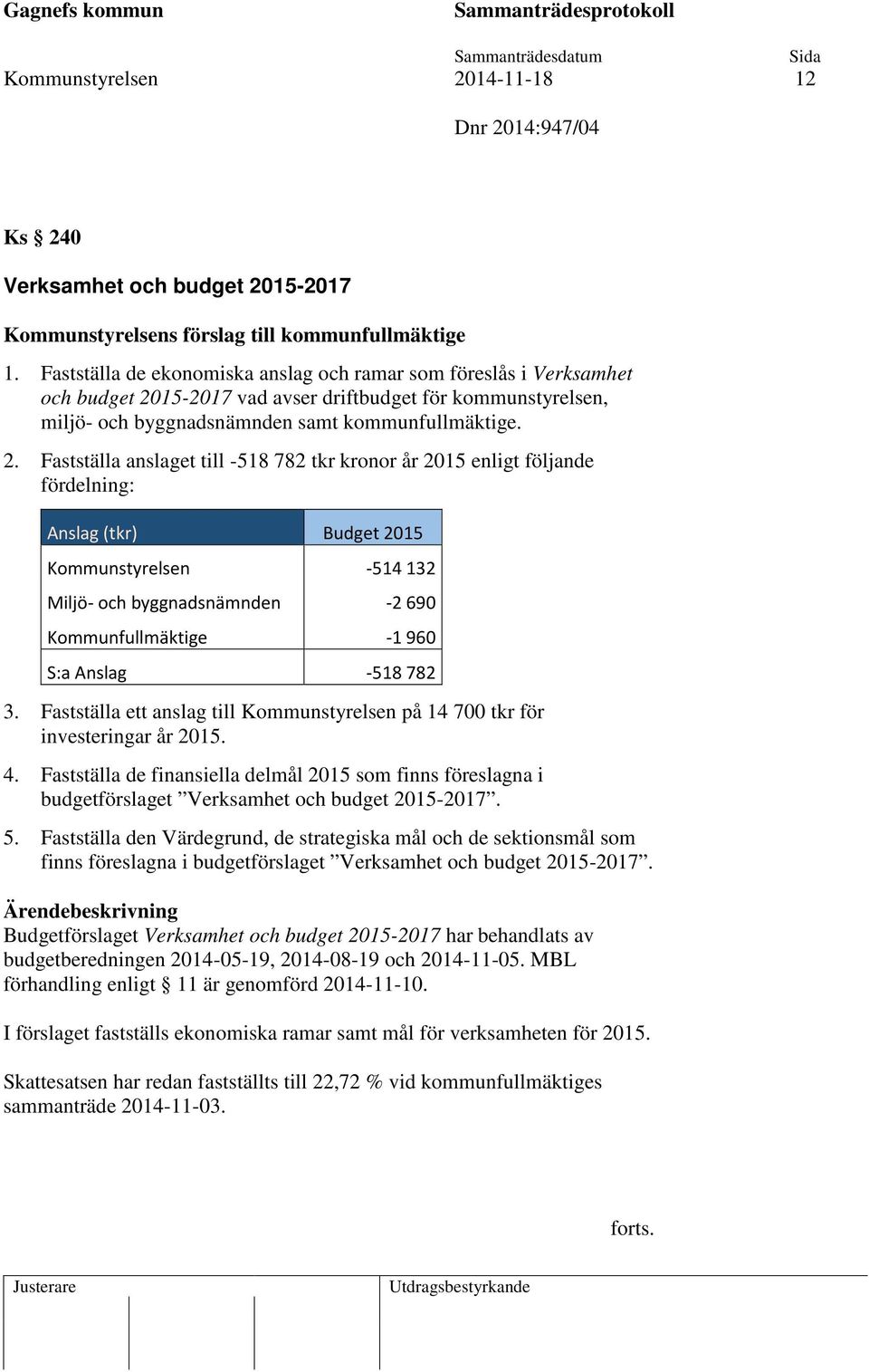 15-2017 vad avser driftbudget för kommunstyrelsen, miljö- och byggnadsnämnden samt kommunfullmäktige. 2.