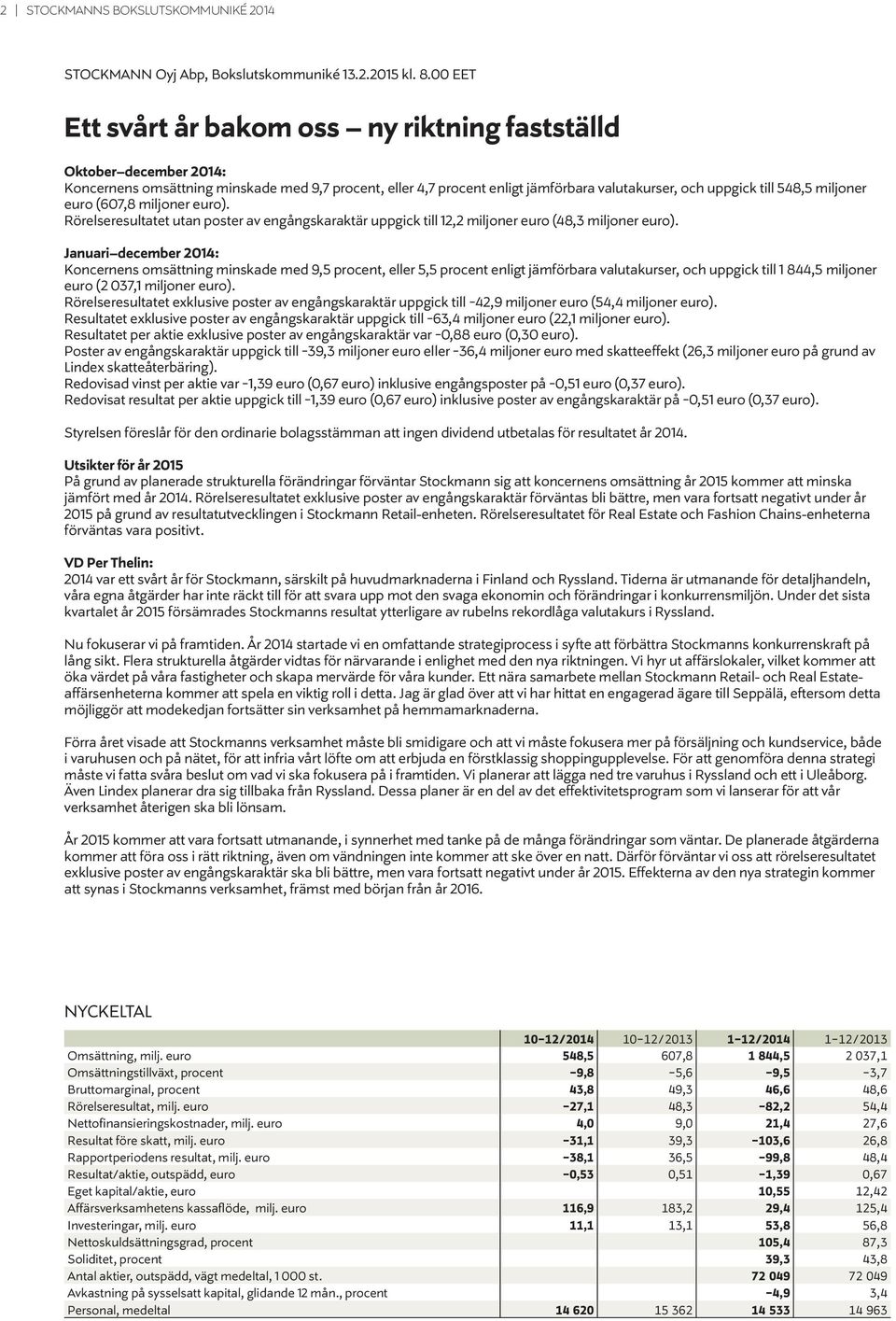 miljoner euro (607,8 miljoner euro). Rörelseresultatet utan poster av engångskaraktär uppgick till 12,2 miljoner euro (48,3 miljoner euro).