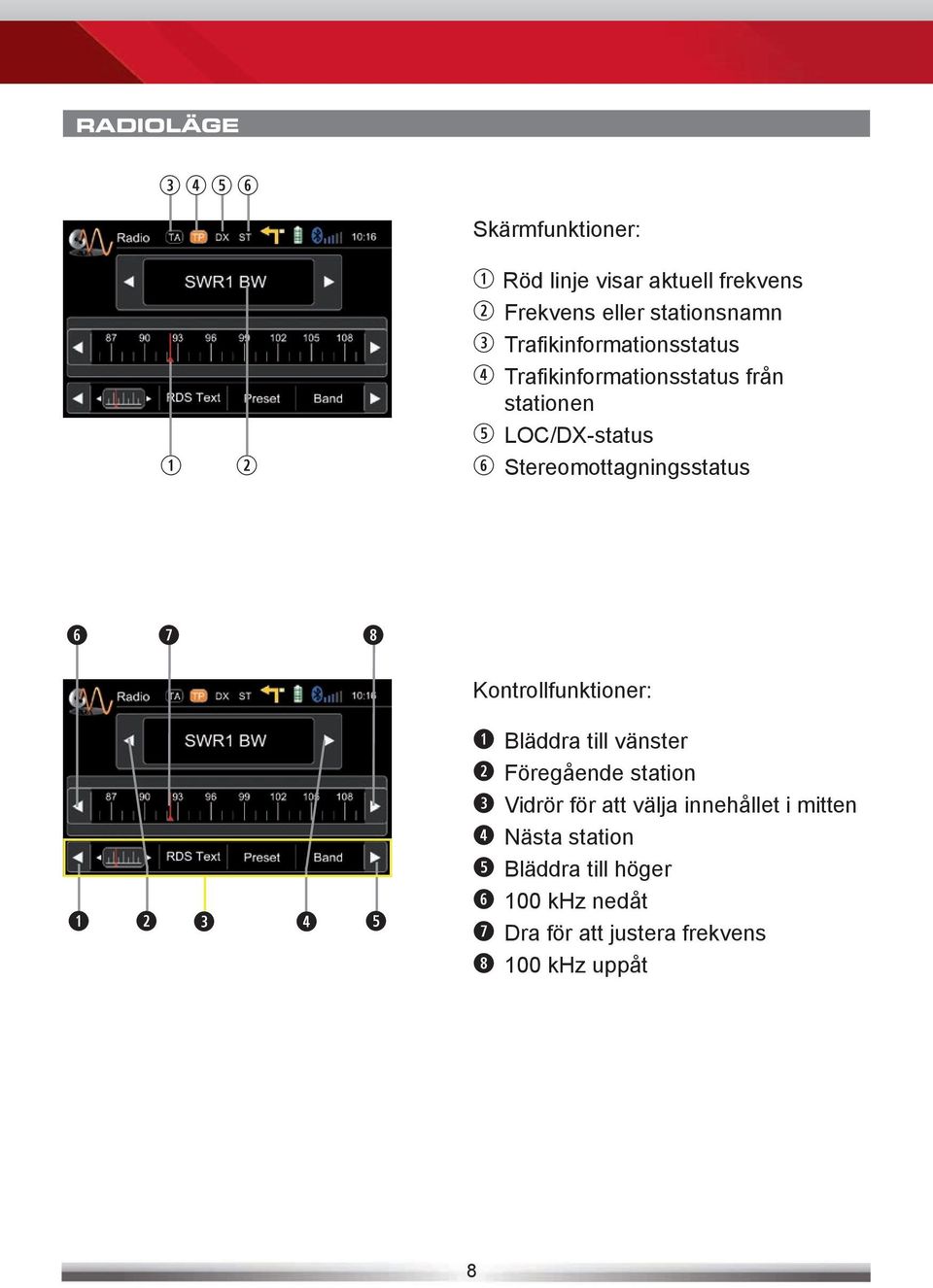 Stereomottagningsstatus Kontrollfunktioner: Bläddra till vänster Föregående station Vidrör för