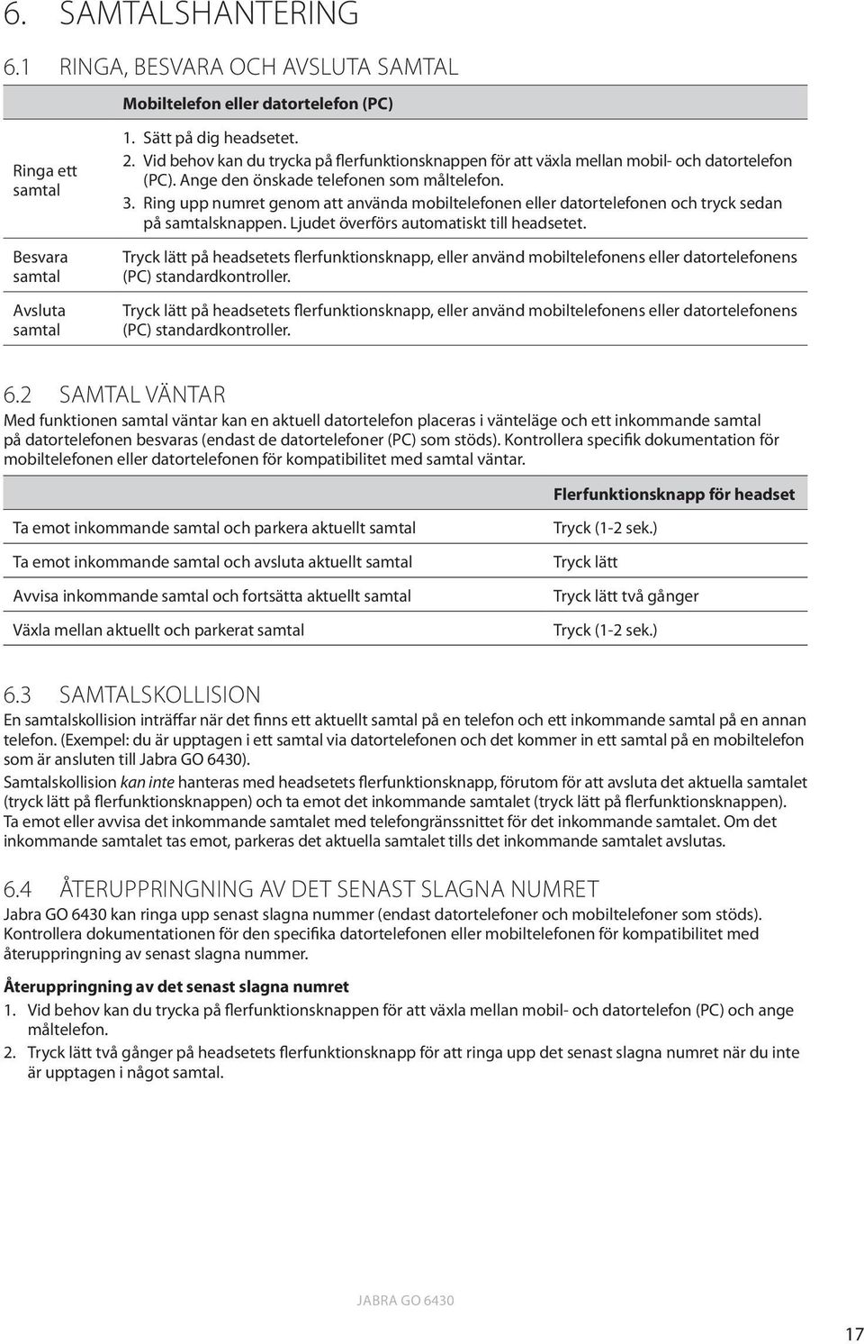 ring upp numret genom att använda mobiltelefonen eller datortelefonen och tryck sedan på samtalsknappen. Ljudet överförs automatiskt till headsetet.