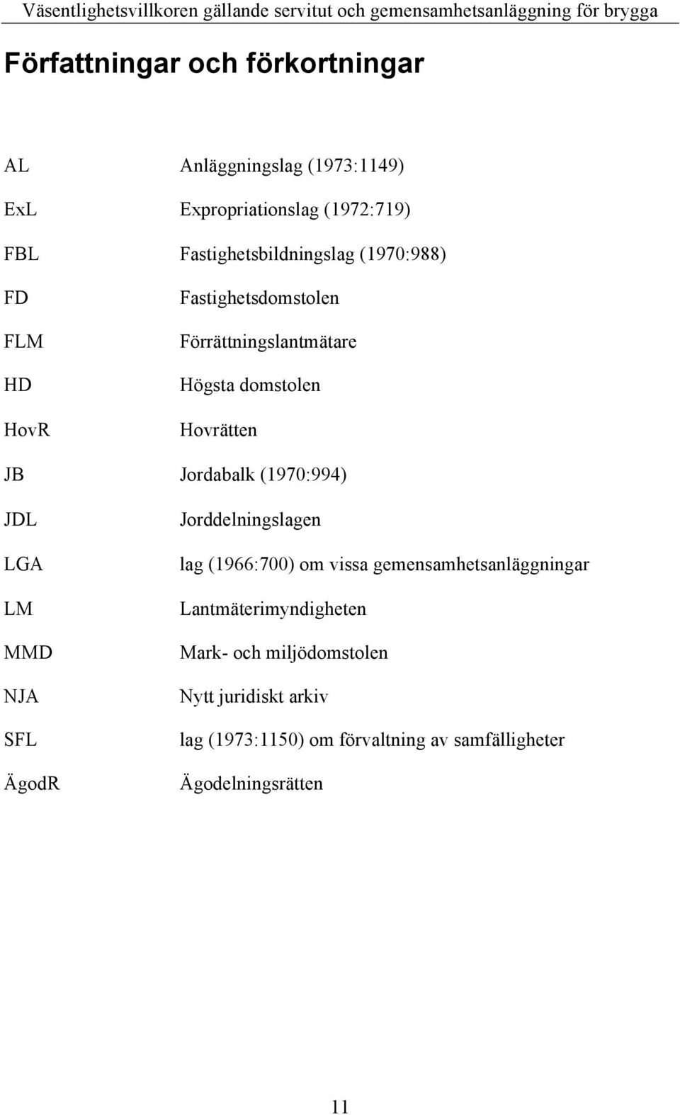 JB Jordabalk (1970:994) JDL LGA LM MMD NJA SFL ÄgodR Jorddelningslagen lag (1966:700) om vissa
