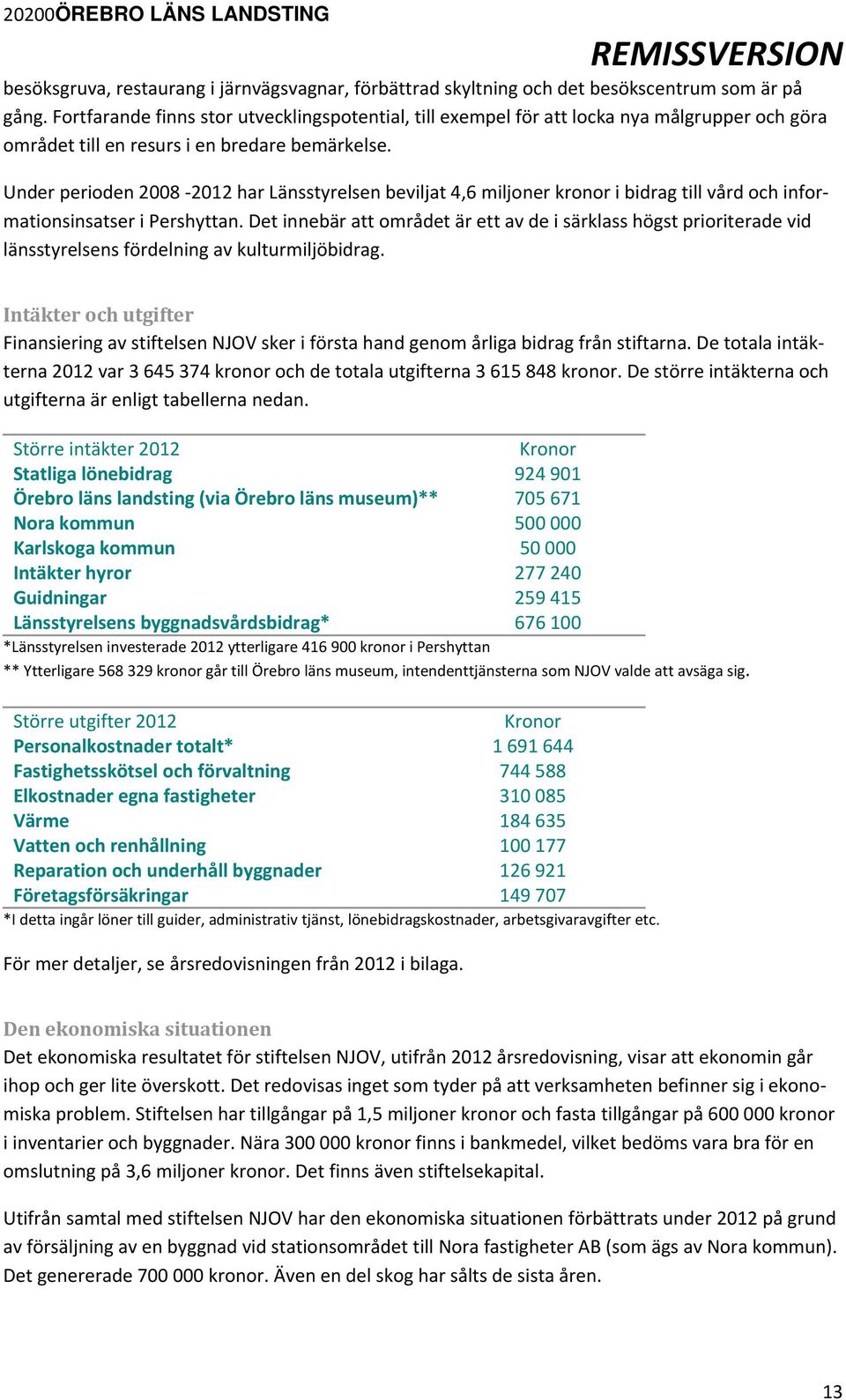 Under perioden 2008 2012 har Länsstyrelsen beviljat 4,6 miljoner kronor i bidrag till vård och informationsinsatser i Pershyttan.