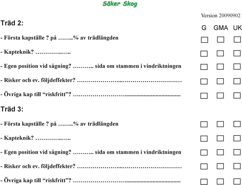 ... Träd 3: - Första kapställe? på..% av trädlängden - Kapteknik?.... - Egen position vid sågning?