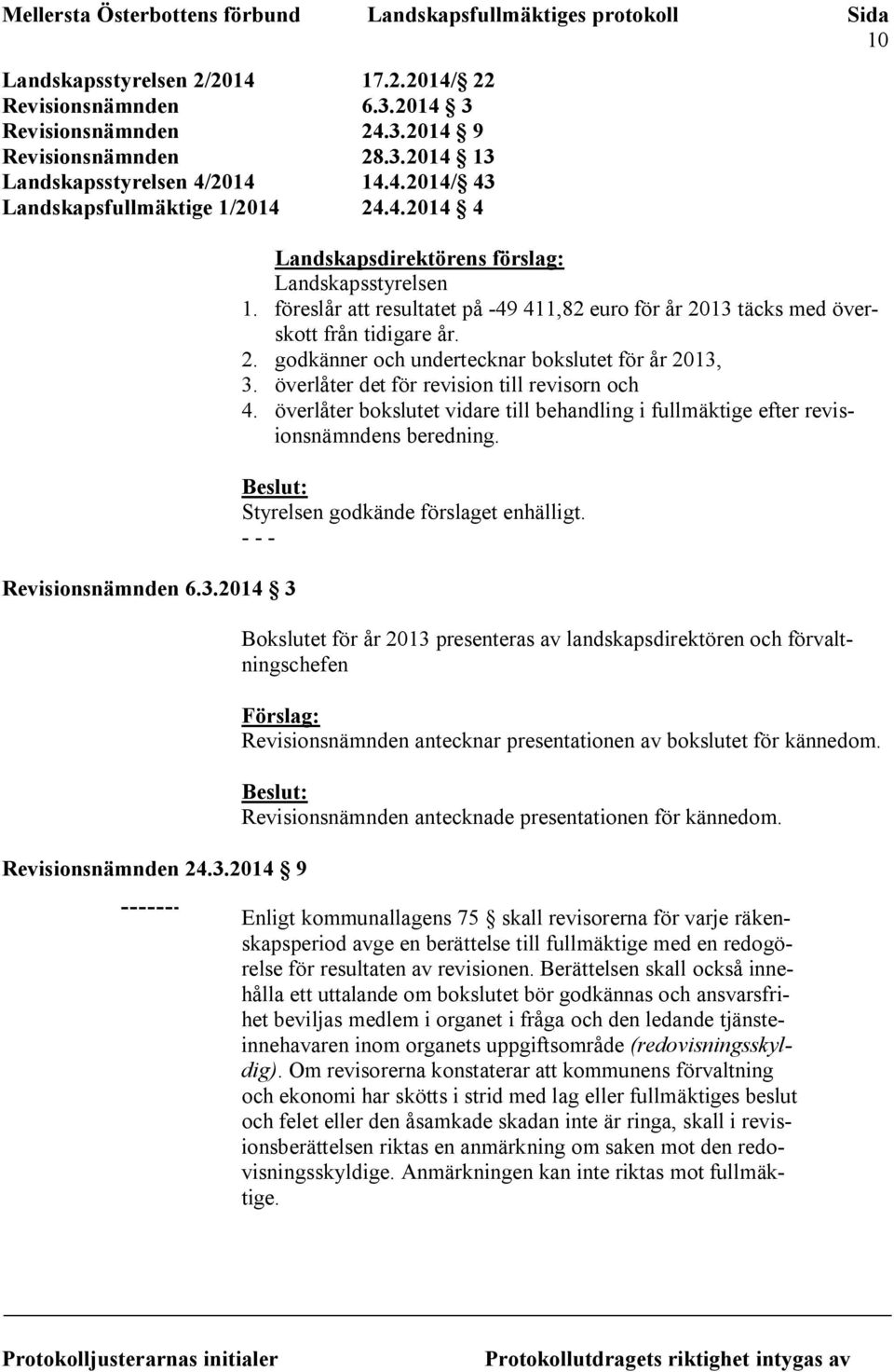 föreslår att resultatet på -49 411,82 euro för år 2013 täcks med överskott från tidigare år. 2. godkänner och undertecknar bokslutet för år 2013, 3. överlåter det för revision till revisorn och 4.