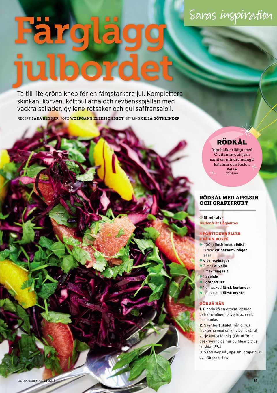 RECEPT SARA BEGNER FOTO WOLFGANG KLEINSCHMIDT STYLING CILLA GÖTHLINDER RÖDKÅL Innehåller rikligt med C-vitamin och järn samt en mindre mängd kalcium och fosfor. KÄLLA ODLA.