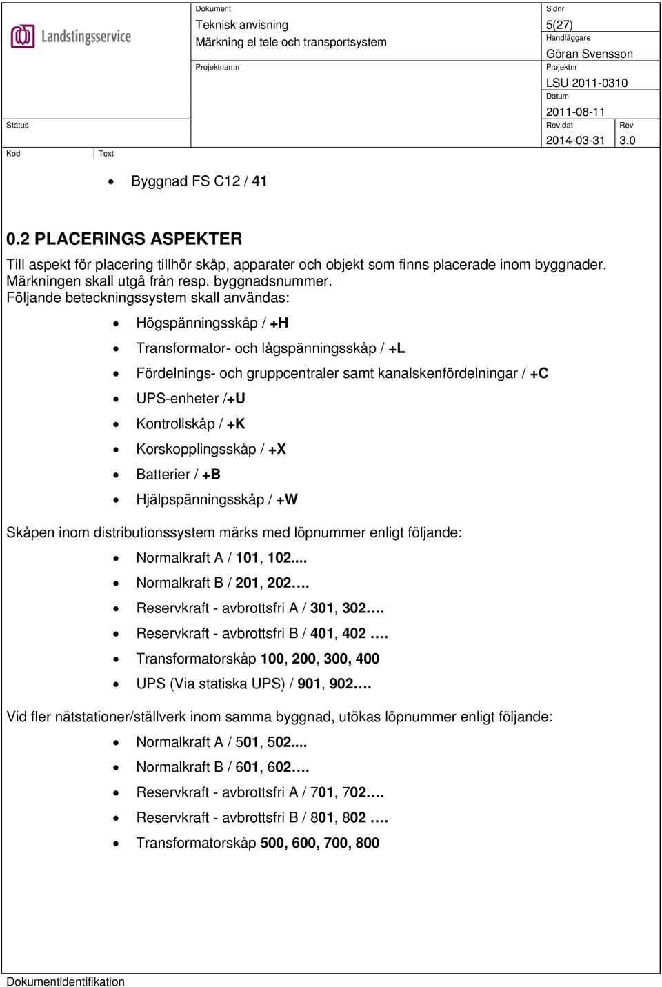 / +K Korskopplingsskåp / +X Batterier / +B Hjälpspänningsskåp / +W Skåpen inom distributionssystem märks med löpnummer enligt följande: Normalkraft A / 101, 102... Normalkraft B / 201, 202.