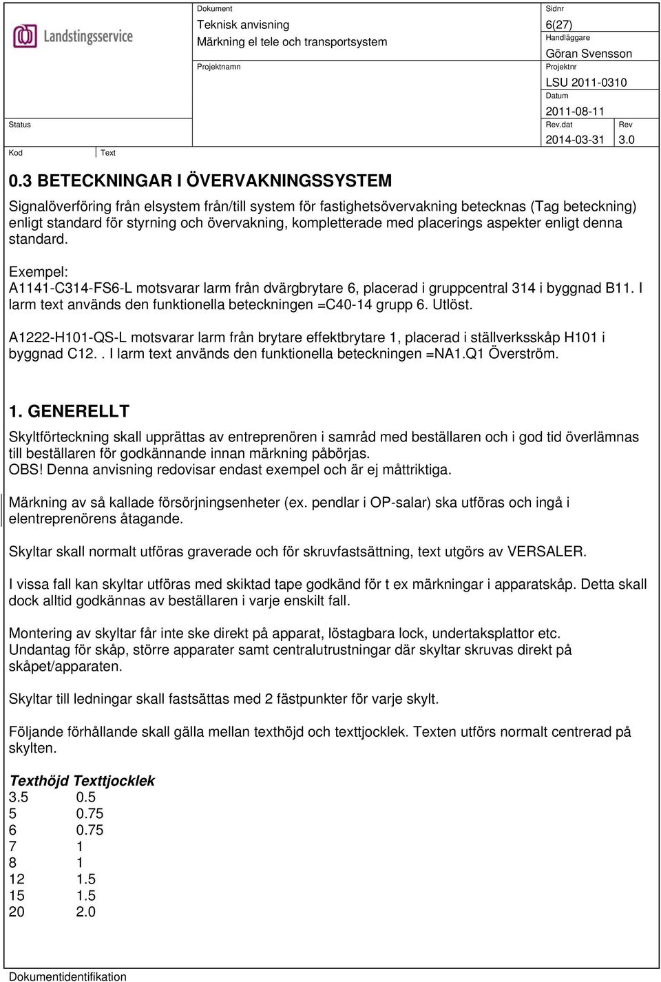 med placerings aspekter enligt denna standard. A1141-C314-FS6-L motsvarar larm från dvärgbrytare 6, placerad i gruppcentral 314 i byggnad B11.