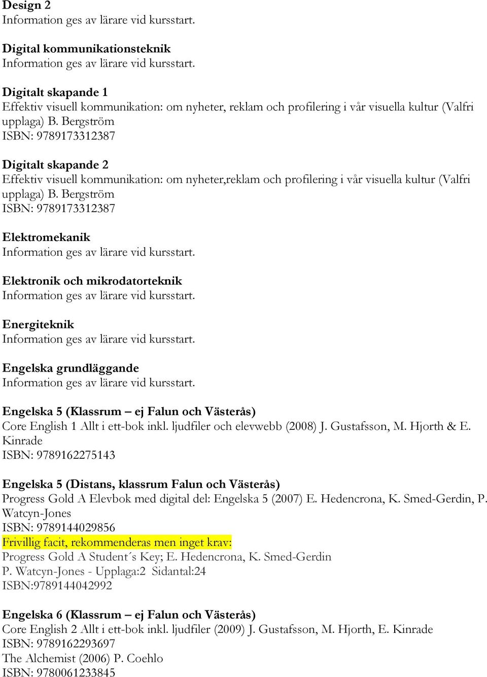 Bergström ISBN: 9789173312387 Elektromekanik Elektronik och mikrodatorteknik Energiteknik Engelska grundläggande Engelska 5 (Klassrum ej Falun och Västerås) Core English 1 Allt i ett-bok inkl.