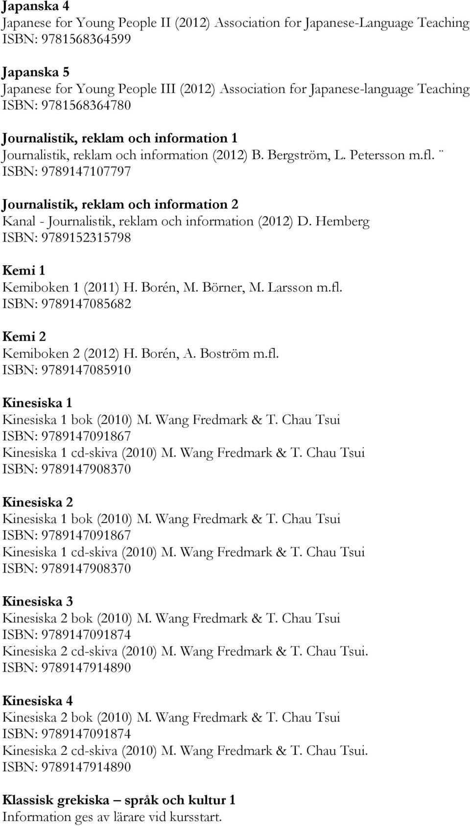 ISBN: 9789147107797 Journalistik, reklam och information 2 Kanal - Journalistik, reklam och information (2012) D. Hemberg ISBN: 9789152315798 Kemi 1 Kemiboken 1 (2011) H. Borén, M. Börner, M.