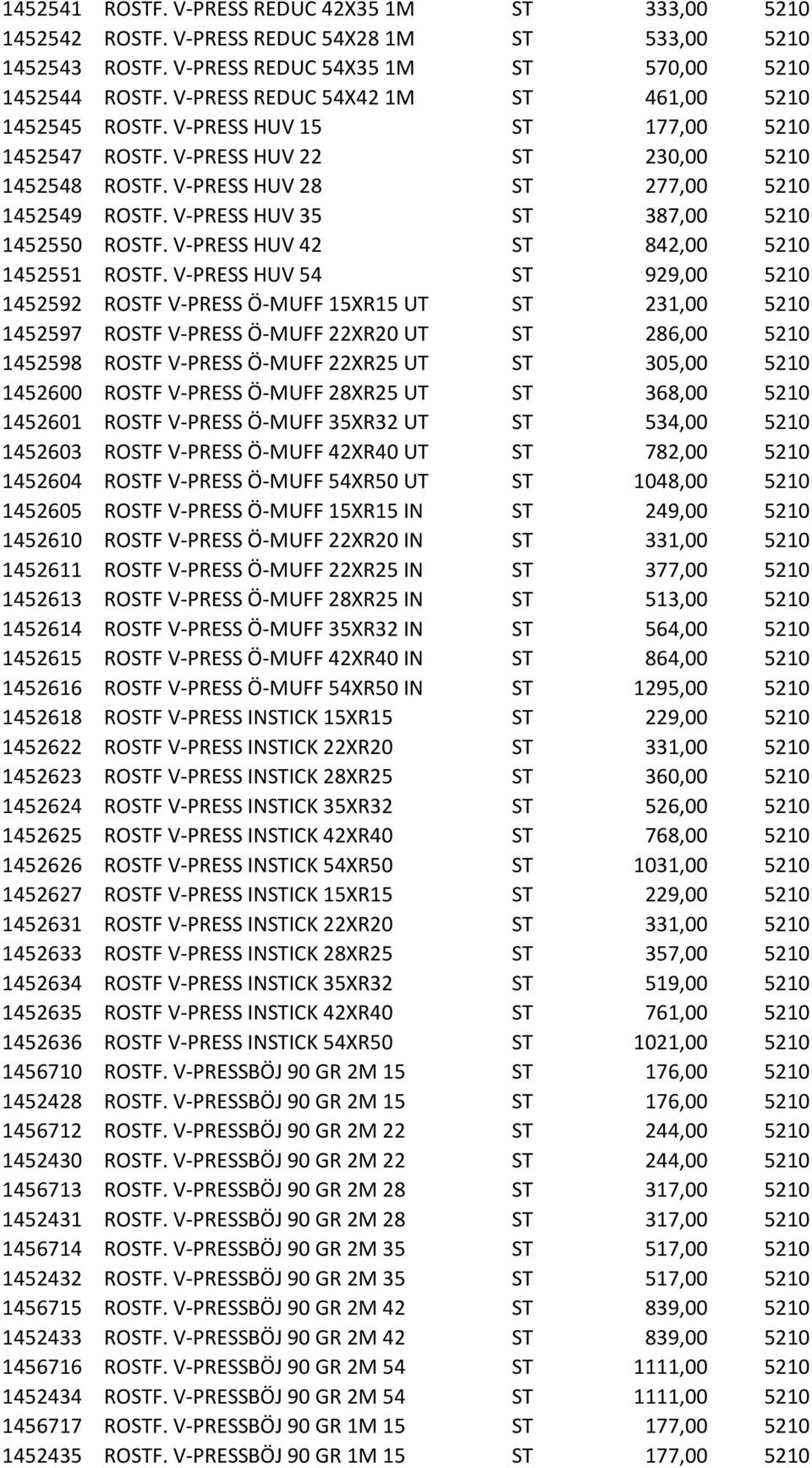 V-PRESS HUV 35 ST 387,00 5210 1452550 ROSTF. V-PRESS HUV 42 ST 842,00 5210 1452551 ROSTF.