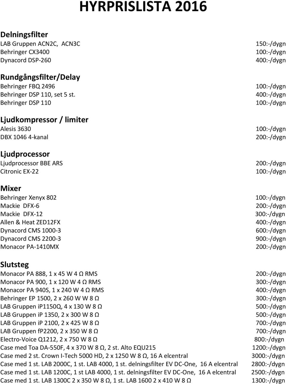 Dynacord CMS 1000-3 Dynacord CMS 2200-3 Monacor PA-1410MX Slutsteg Monacor PA 888, 1 x 45 W 4 Ω RMS Monacor PA 900, 1 x 120 W 4 Ω RMS Monacor PA 940S, 1 x 240 W 4 Ω RMS Behringer EP 1500, 2 x 260 W W