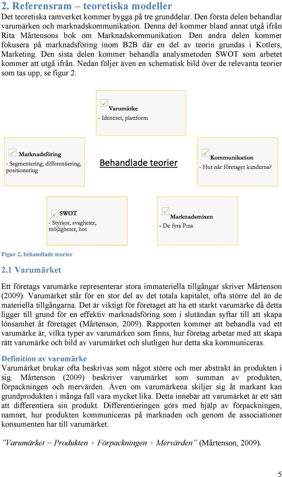 Den sista delen kommer behandla analysmetoden SWOT som arbetet kommer att utgå ifrån. Nedan följer även en schematisk bild över de relevanta teorier som tas upp, se figur 2.