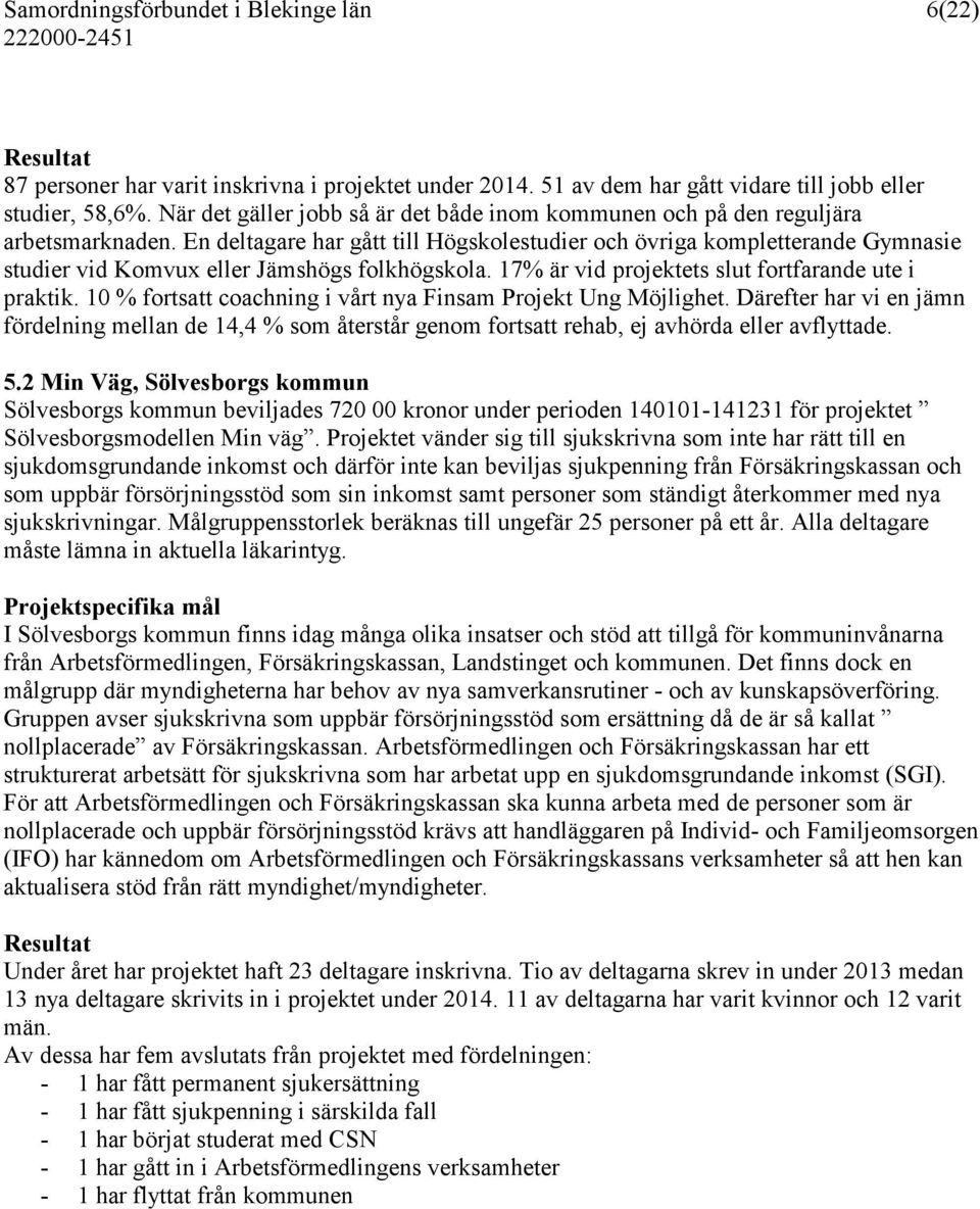 En deltagare har gått till Högskolestudier och övriga kompletterande Gymnasie studier vid Komvux eller Jämshögs folkhögskola. 17% är vid projektets slut fortfarande ute i praktik.