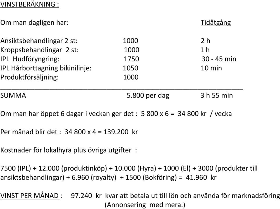 800 per dag 3 h 55 min Om man har öppet 6 dagar i veckan ger det : 5 800 x 6 = 34 800 kr / vecka Per månad blir det : 34 800 x 4 = 139.