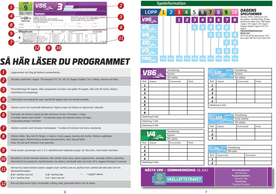 Information om bankod för spel, starttid för loppet samt om startbil används. Hästens namn och eventuellt födelseland. Stjärna anger att hästen är registrerad i utlandet.