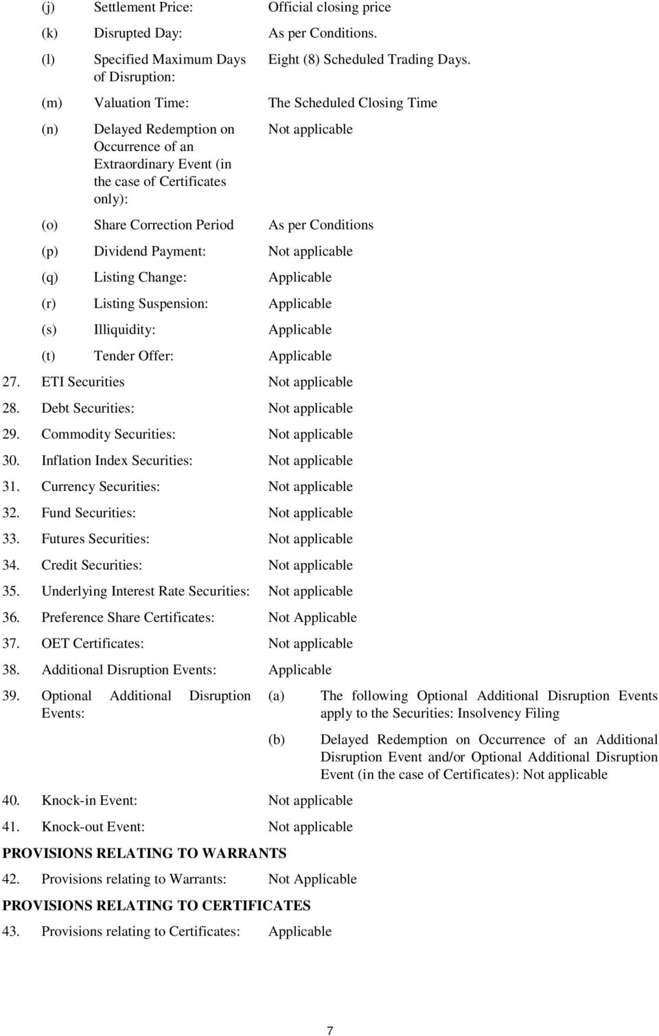 Conditions (p) Dividend Payment: Not applicable (q) Listing Change: Applicable (r) Listing Suspension: Applicable (s) Illiquidity: Applicable (t) Tender Offer: Applicable 27.