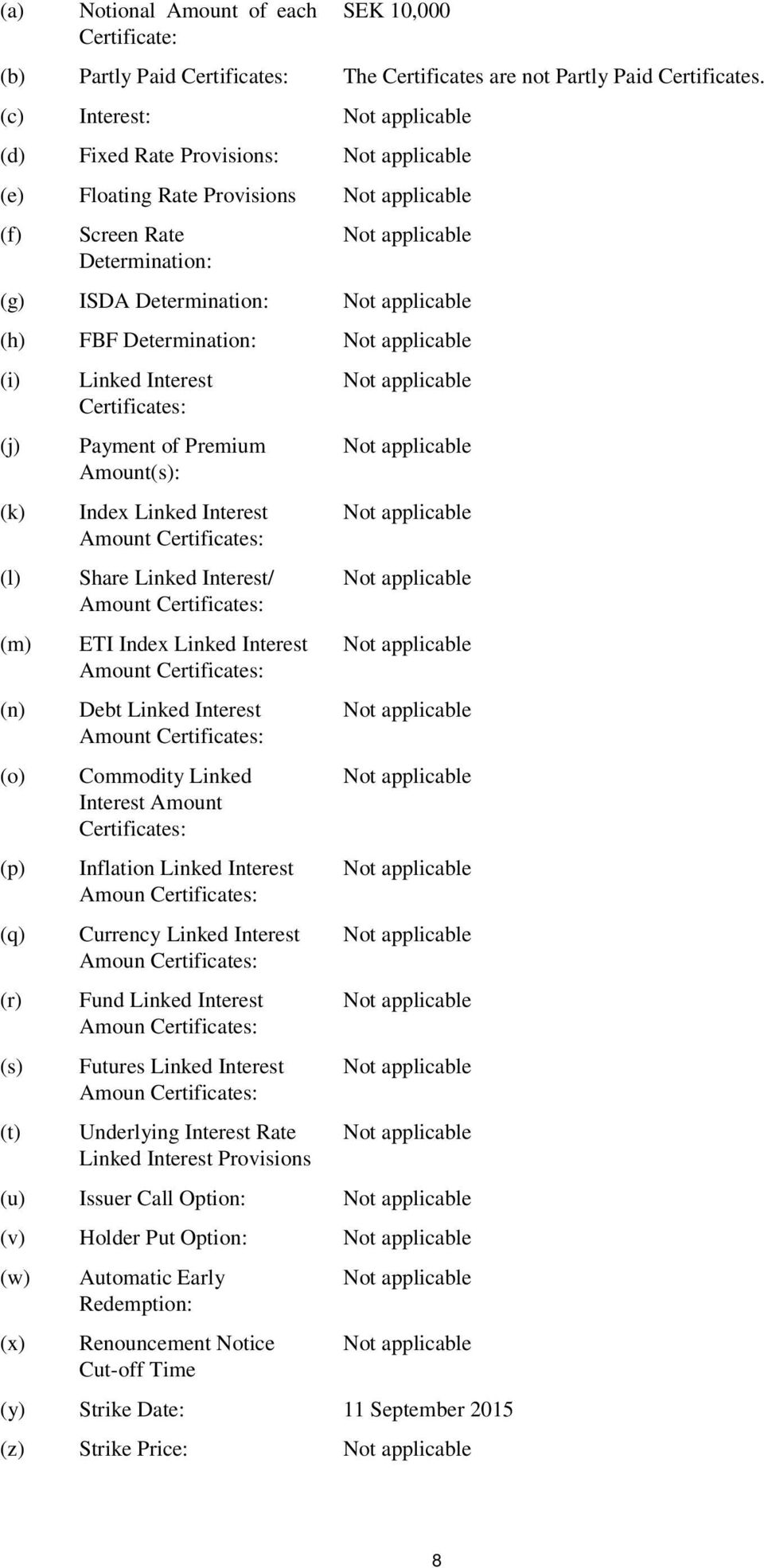 (h) FBF Determination: Not applicable (i) (j) (k) (l) (m) (n) (o) (p) (q) (r) (s) (t) Linked Interest Certificates: Payment of Premium Amount(s): Index Linked Interest Amount Certificates: Share