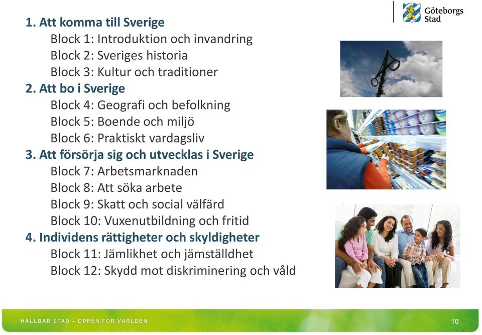 Att försörja sig och utvecklas i Sverige Block 7: Arbetsmarknaden Block 8: Att söka arbete Block 9: Skatt och social välfärd Block